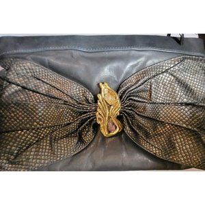 Vintage Black Leather Hinged Clutch Purse Gold Tone Amethyst Quartz Gemstone